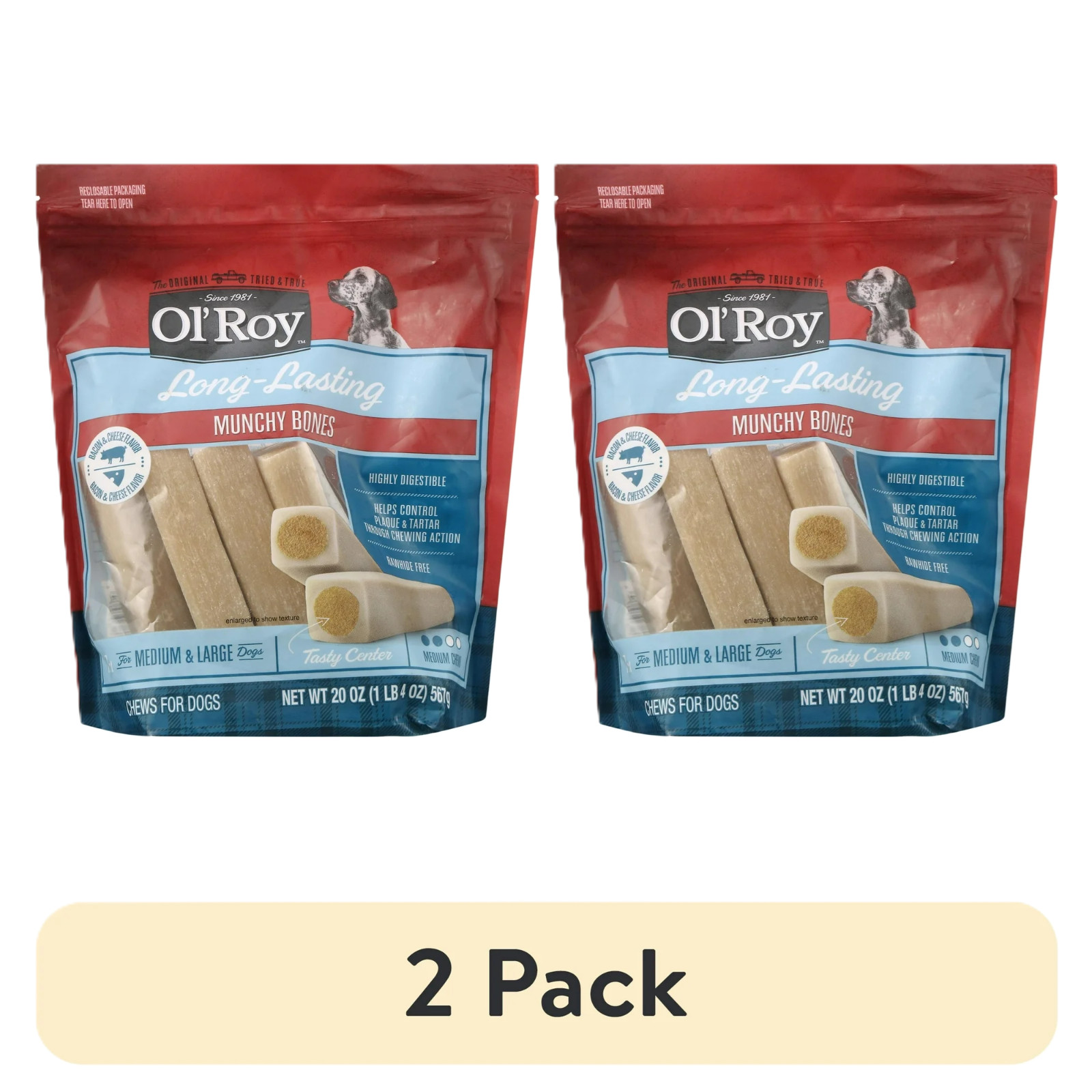(2 pack) Ol’ Roy Munchy Bone Dog Treats, Bacon and Cheese Flavor, 20 oz, 7 Count