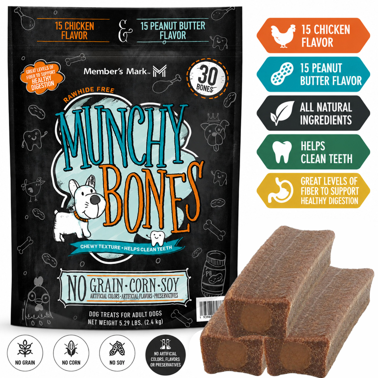 Member’s Mark Munchy Bones Dog Treats for Adult Dogs, 30 ct.