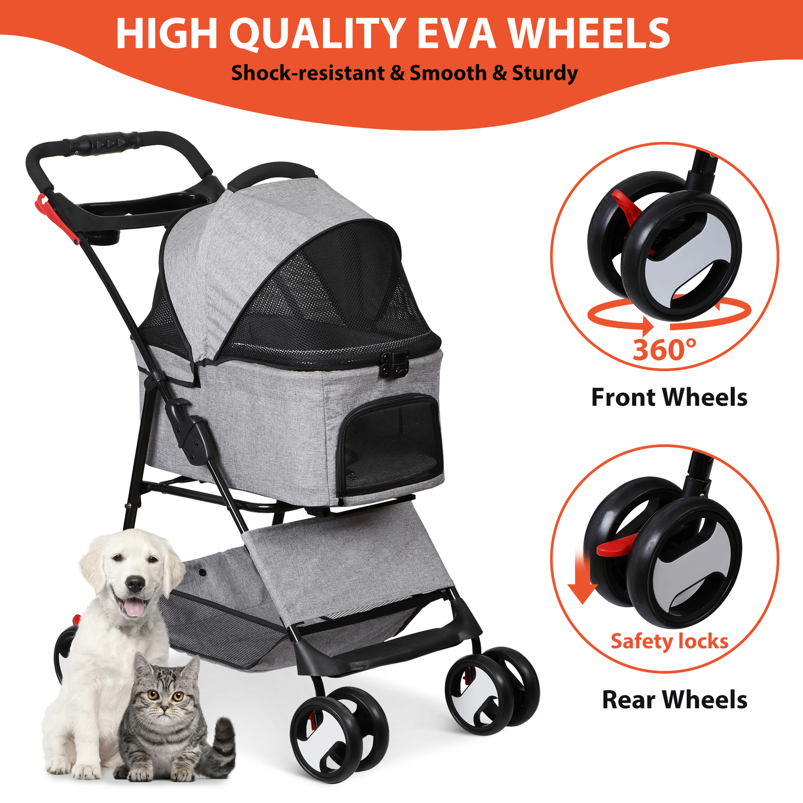 3 in 1 Folding Dog Stroller Pet Stroller for Medium Dog w/Removable Carrier Gray