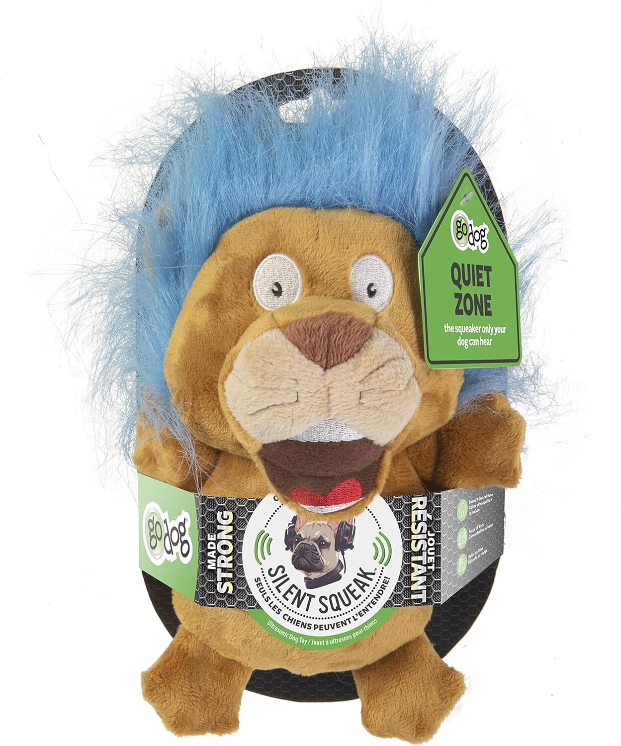 goDog Crazy Hairs Lion Silent Squeak Plush Dog Toy, Chew Guard Technology – Tan