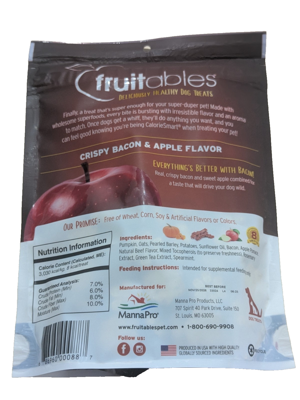CASE OF 8 – Fruitables Dog Treats Crunchy Baked Apple Bacon, 12oz Bags