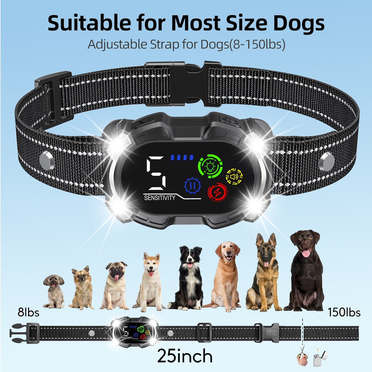AI Smart Dog Bark Collar All Breed Large Medium Small Flashing Light Waterproof