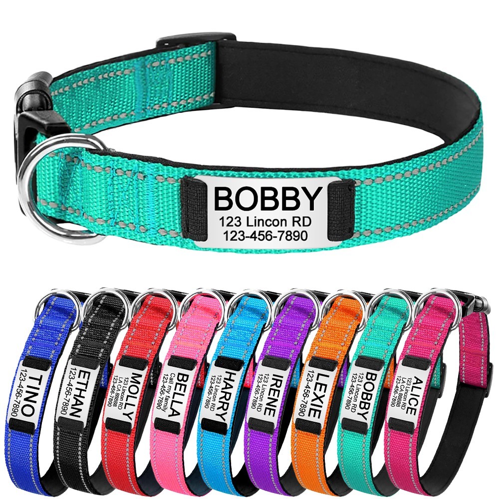 Reflective Nylon Dog Collar Custom Name, Personalized Pet ID Tag Adjustable XS-L