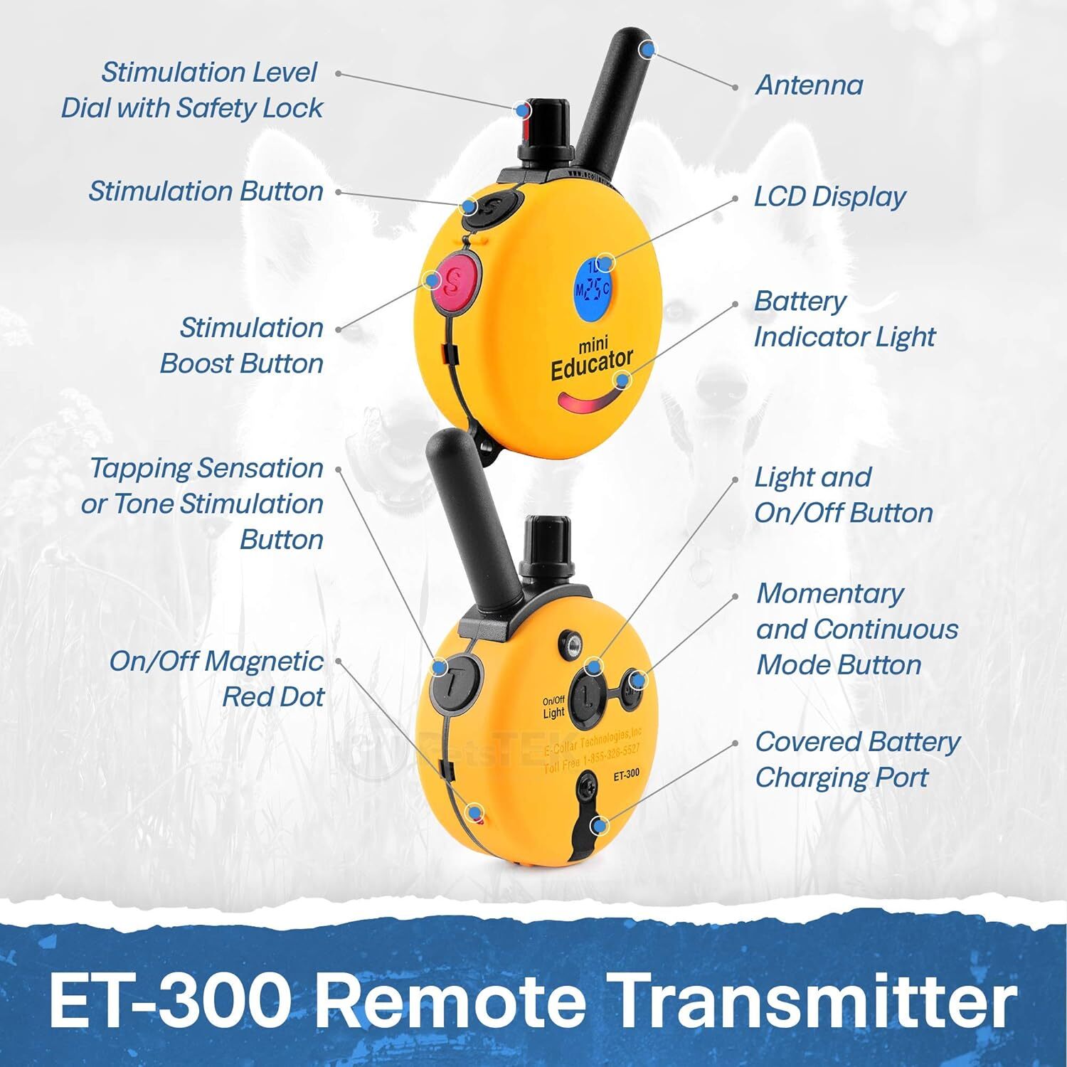 Yellow ET-300-1/2 Mile Mini Educator E-Collar – With Dog Training Clicker