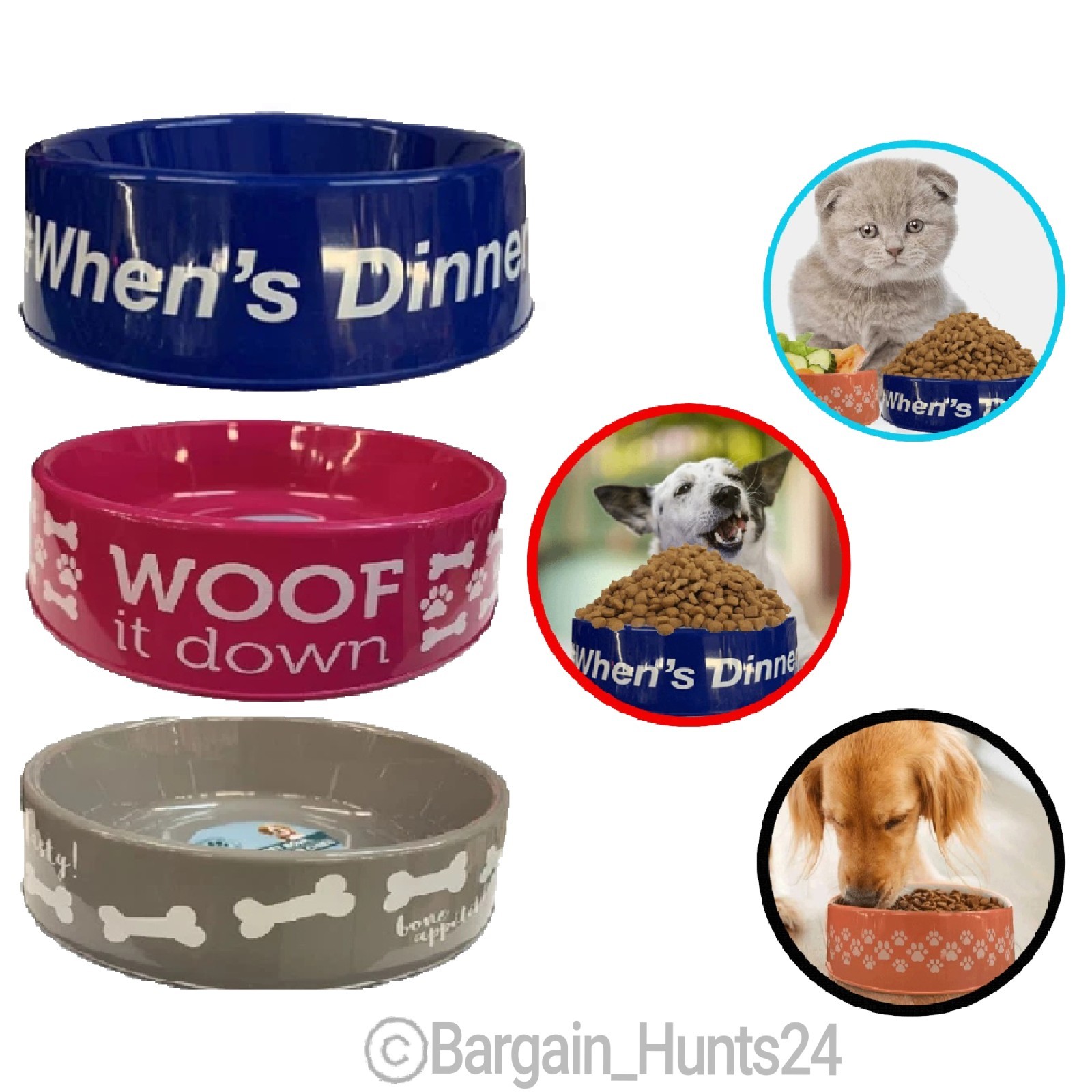 3Ct. Pet Dog Cat Food Feeding Water Dish Plastic Plate Bowl with Bones 9.75″