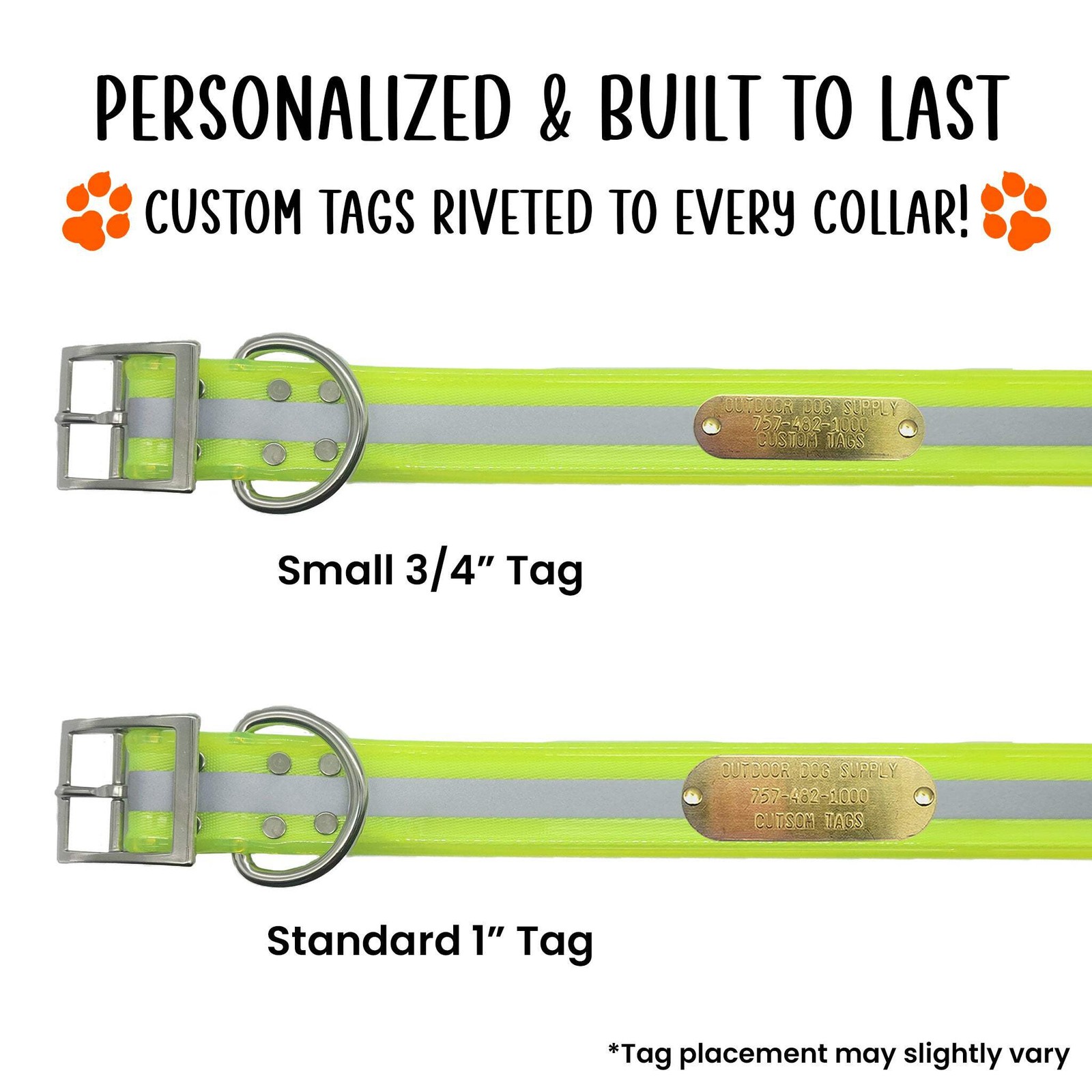 1 1/2″ Reflective Premium Glow Tuff D Ring Large Dog Collar with 1″ Brass Name P