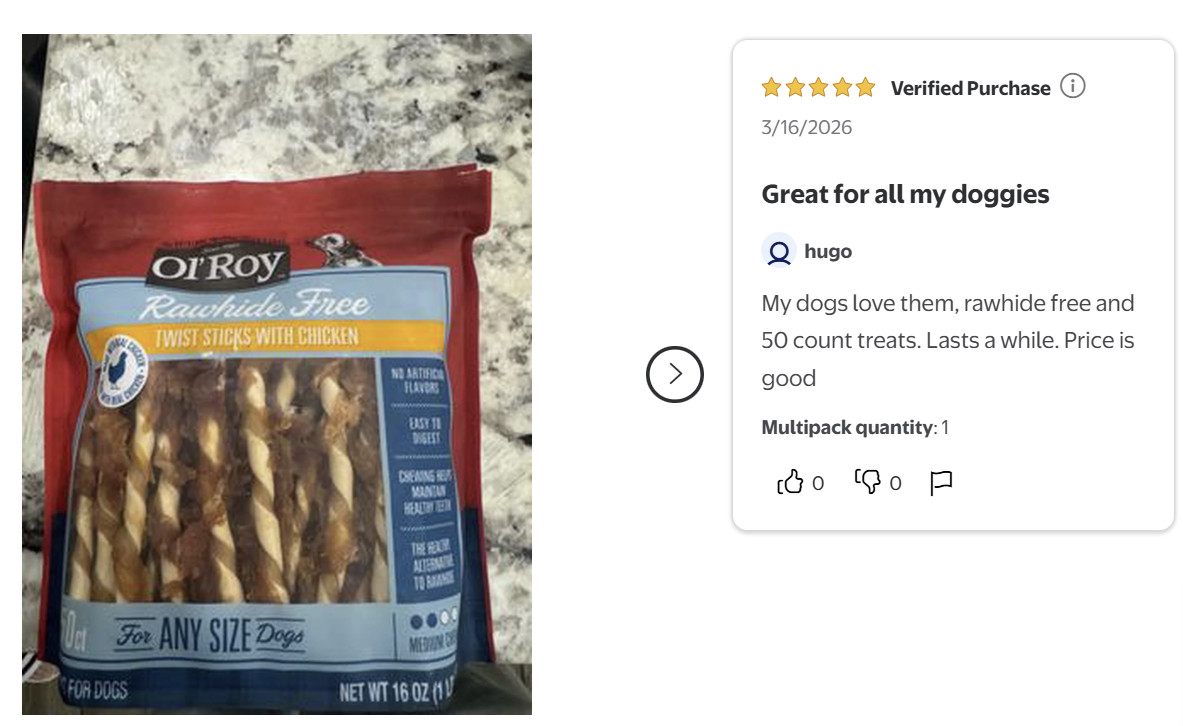 Ol’ Roy Rawhide Free Twist Sticks with Chicken Dog Treats, 50ct,16oz.Bag
