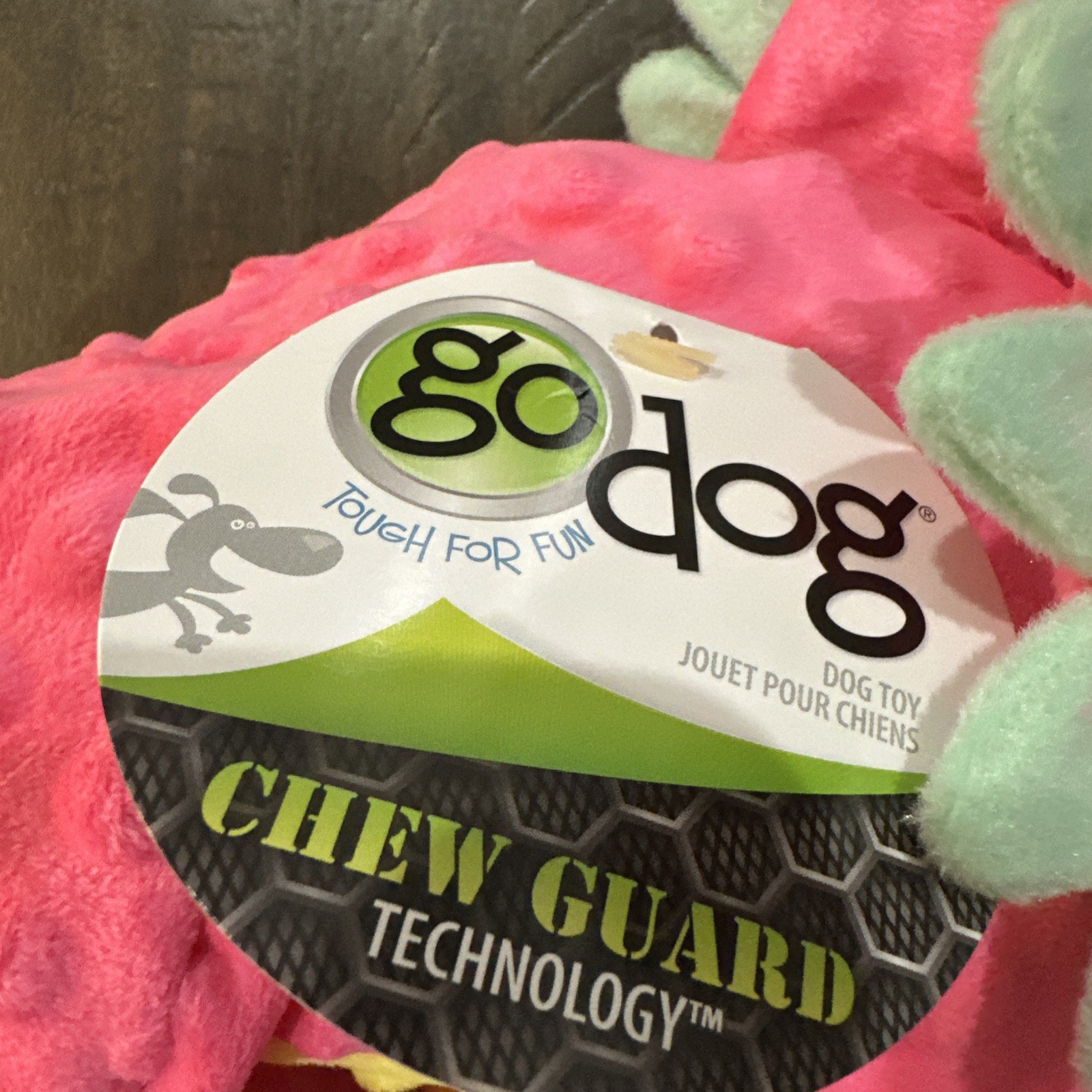 GoDog Dino Triceratops Toy Large Squeaker Pink Teal Yellow w/ Chew Guard Fabric