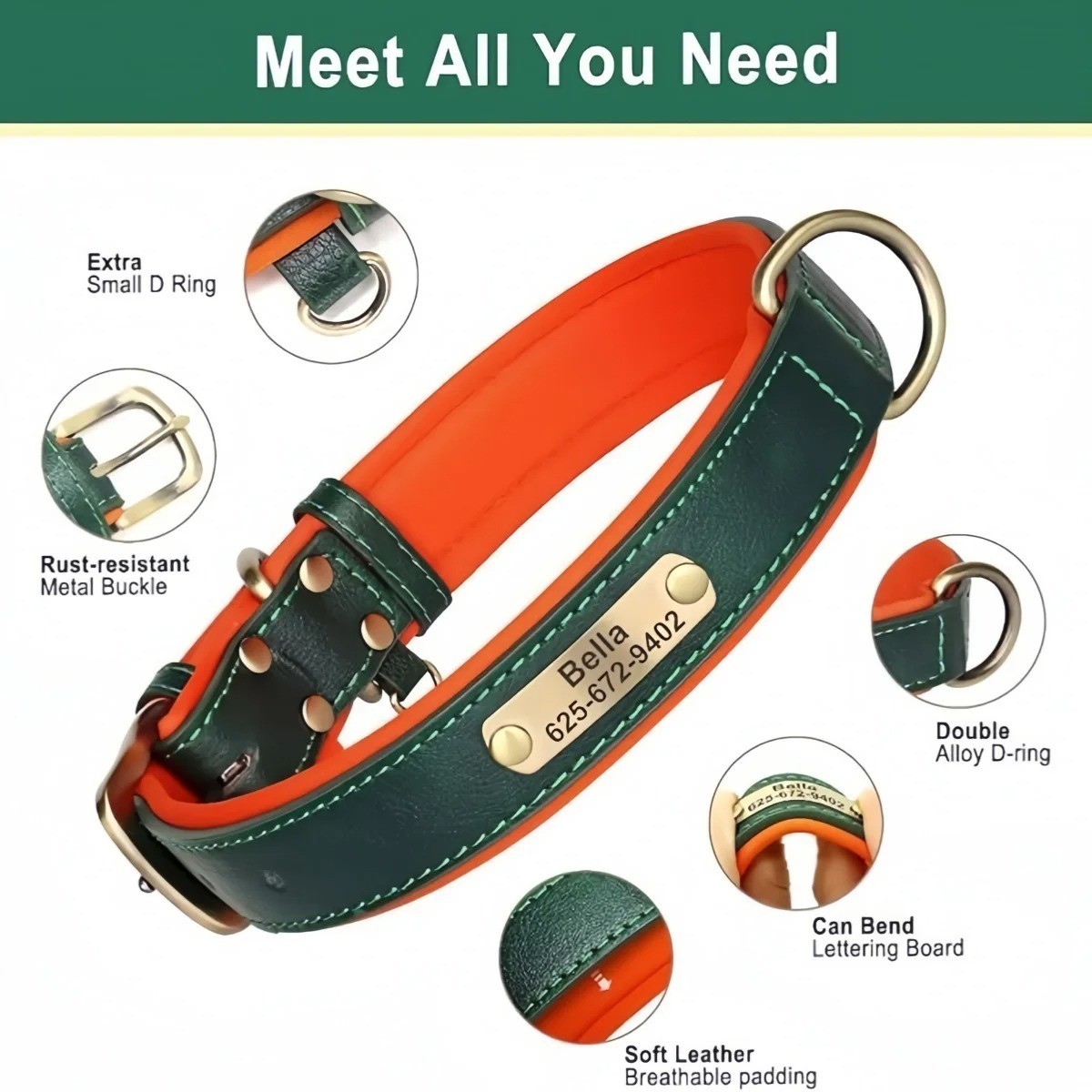 Soft Leather Personalized Dog Collar ID Tag Engraved for Small Medium Large Dogs
