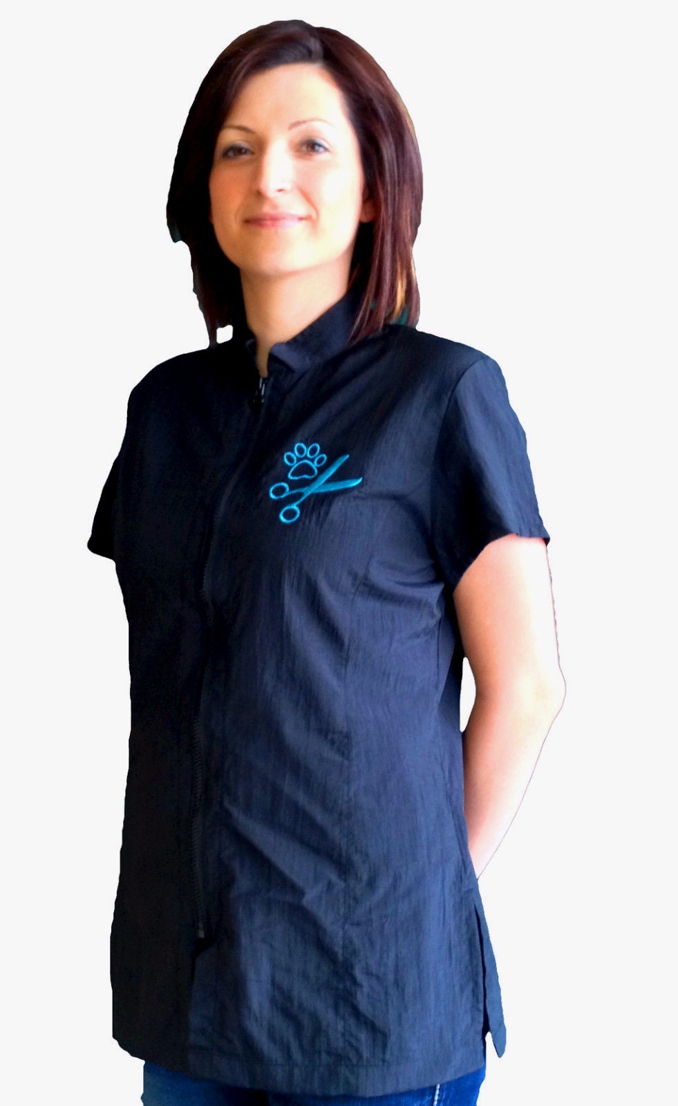 Grooming Zip-Up Smock Uniform Semi Fitted Short Sleeves Embroidery Nylon