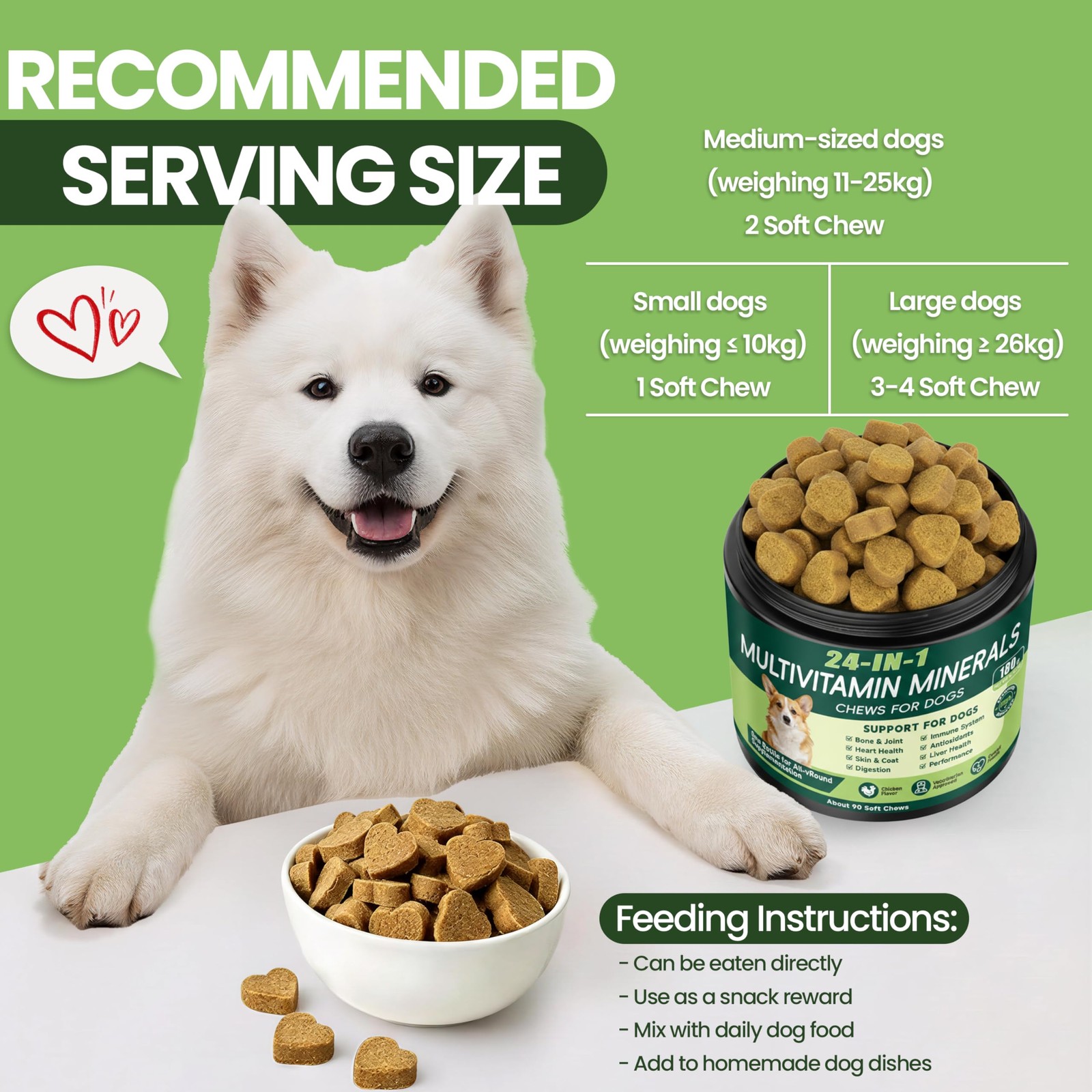 24-in-1 Dog Vitamins and Supplements, Multivitamin Chewable for 90 Chews