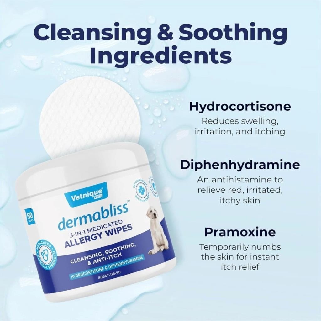 Dermabliss 3-in-1 Medicated Allergy Dog Wipes (50) Anti-itch Cleansing Exp:07/26