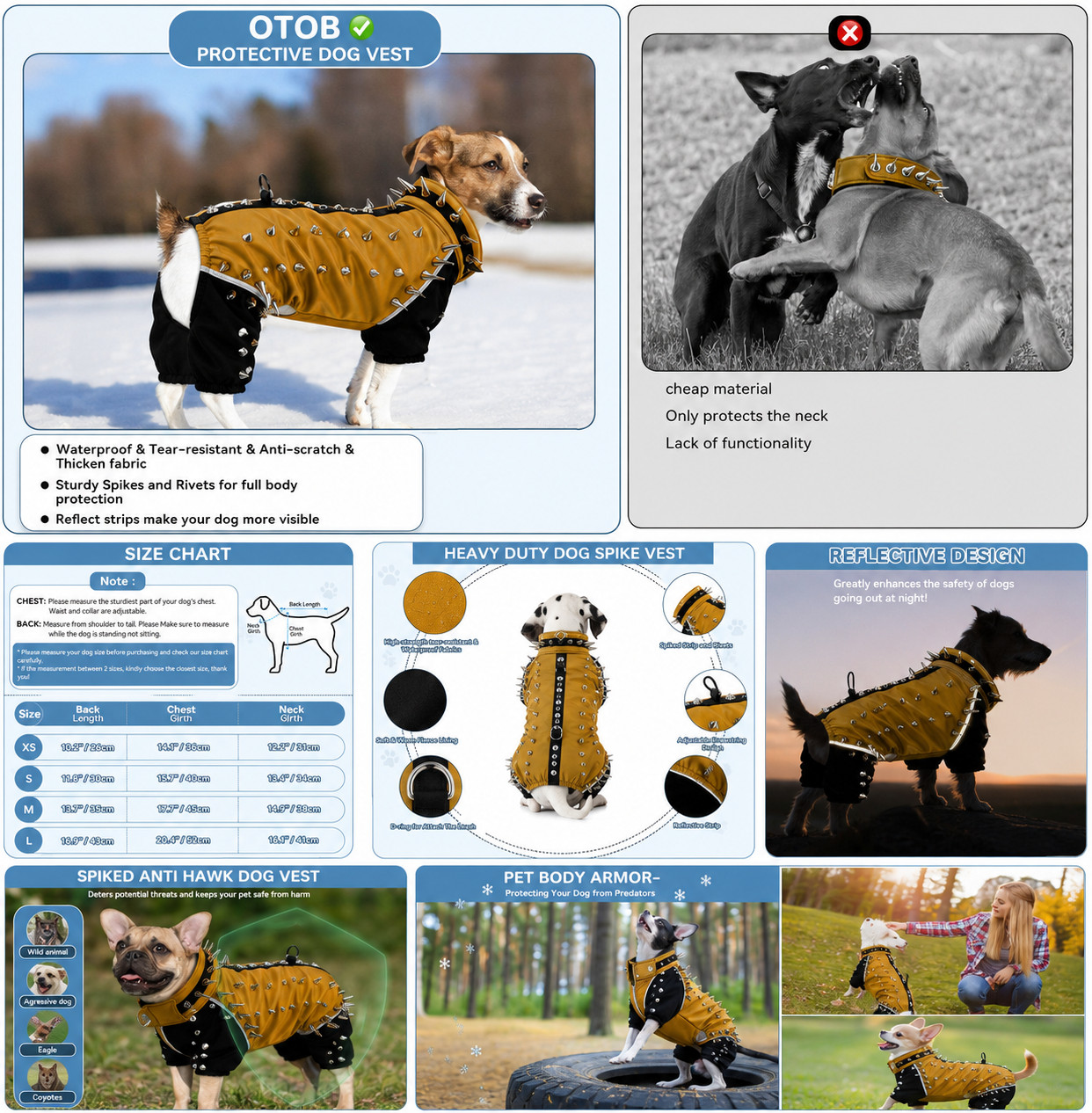 X-SMALL Anti-Hawk Dog Puncture Resistant Vest, Hard Plastic Spikes, Metal Rivets