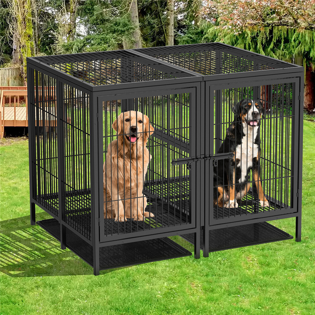 Jumbo Heavy Duty Metal Double Dog Cage Kennel Crate Playpen with Divider＆Tray
