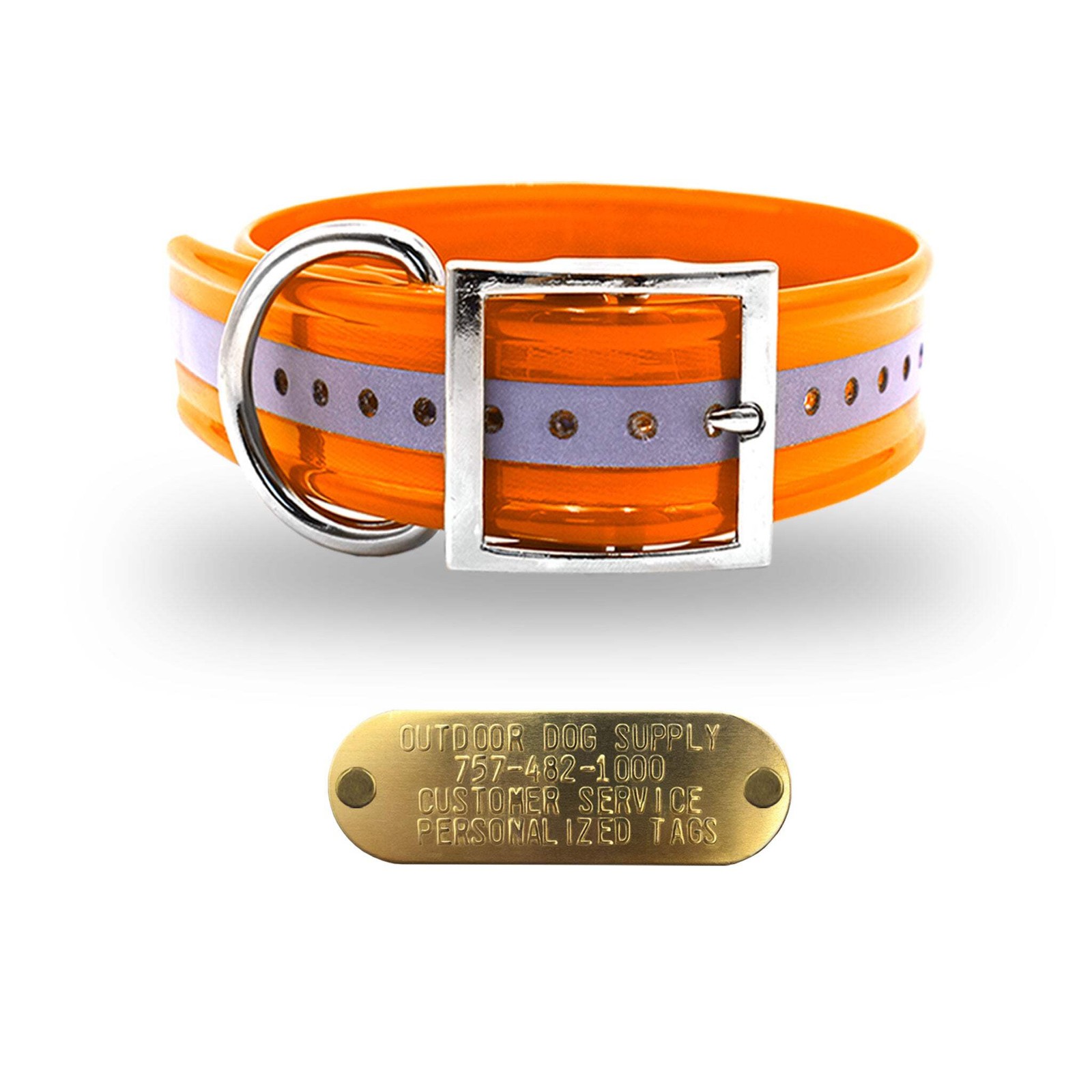 1 1/2″ Reflective Premium Glow Tuff D Ring Large Dog Collar with 1″ Brass Name P