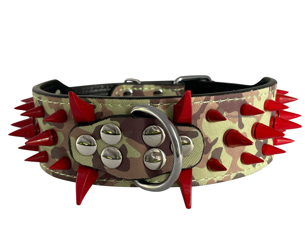 Dog Collar Sharp Red Spikes Spike Adjustable Rivet PU Leather 2″ wide S M L XL