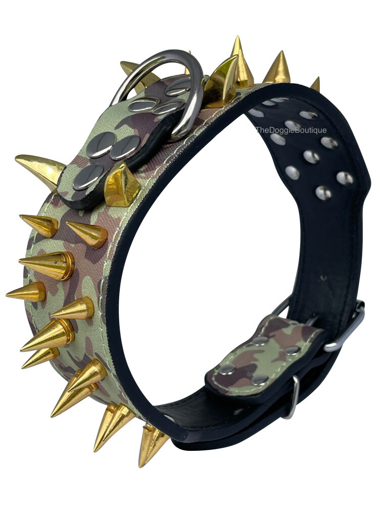 Dog Collar Sharp Gold Spikes Spike Rivet Adjustable PU Leather 2″ wide S M L XL
