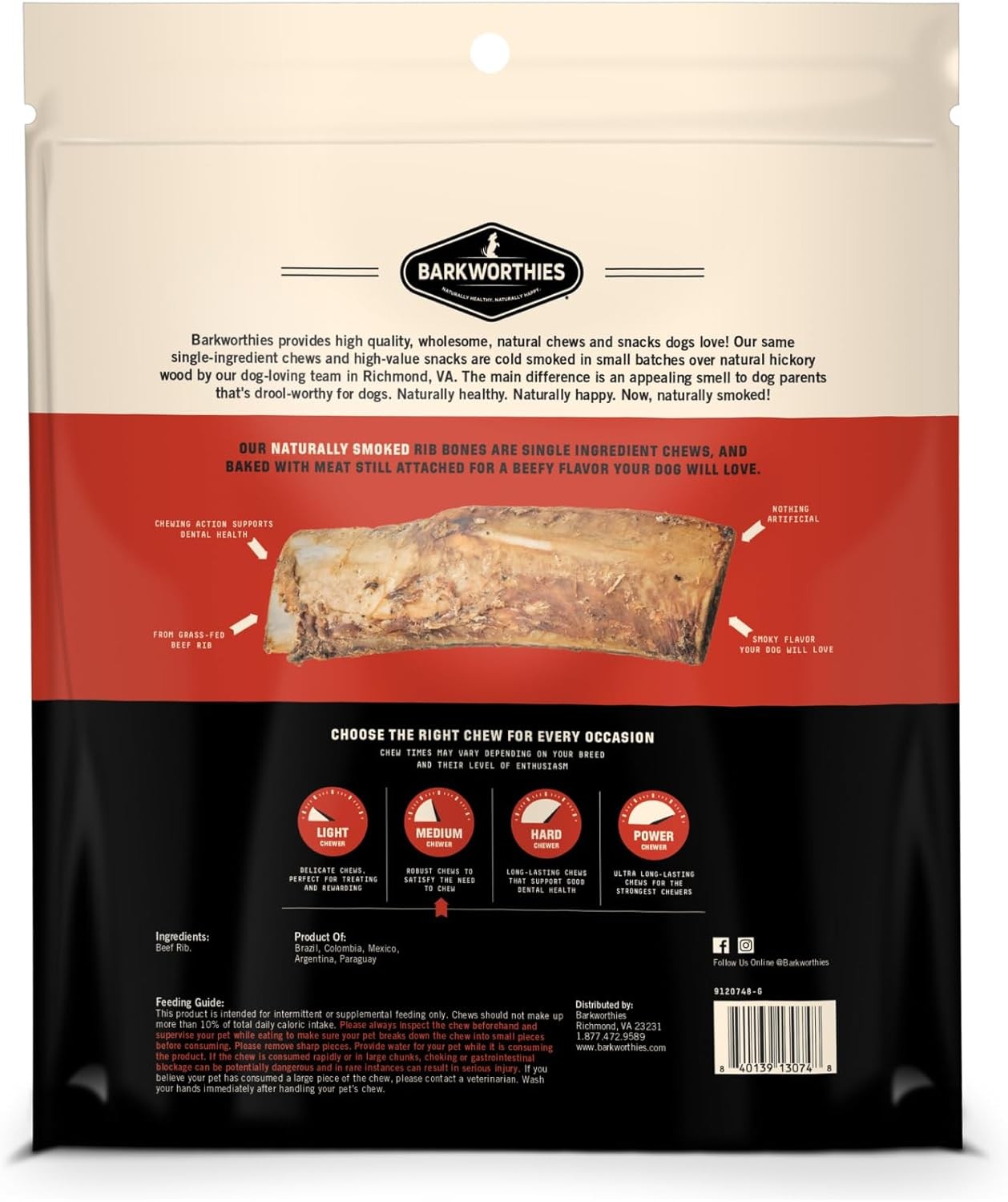 Barkworthies All-Natural Hickory Smoke Rib Bones 10 Medium Dog Chew Treats