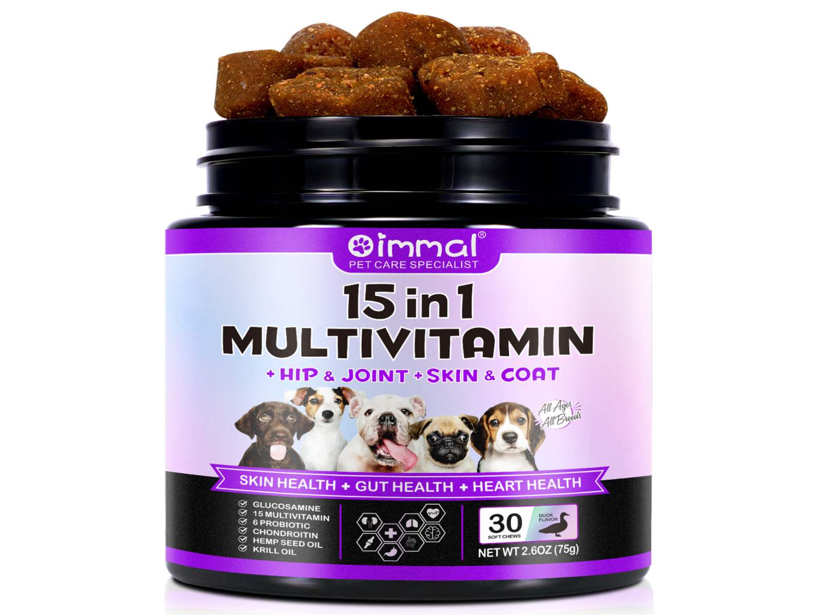 15 in 1 Dog Multivitamins and Supplements for Hip + Joint + Skin + Coat, 30CT