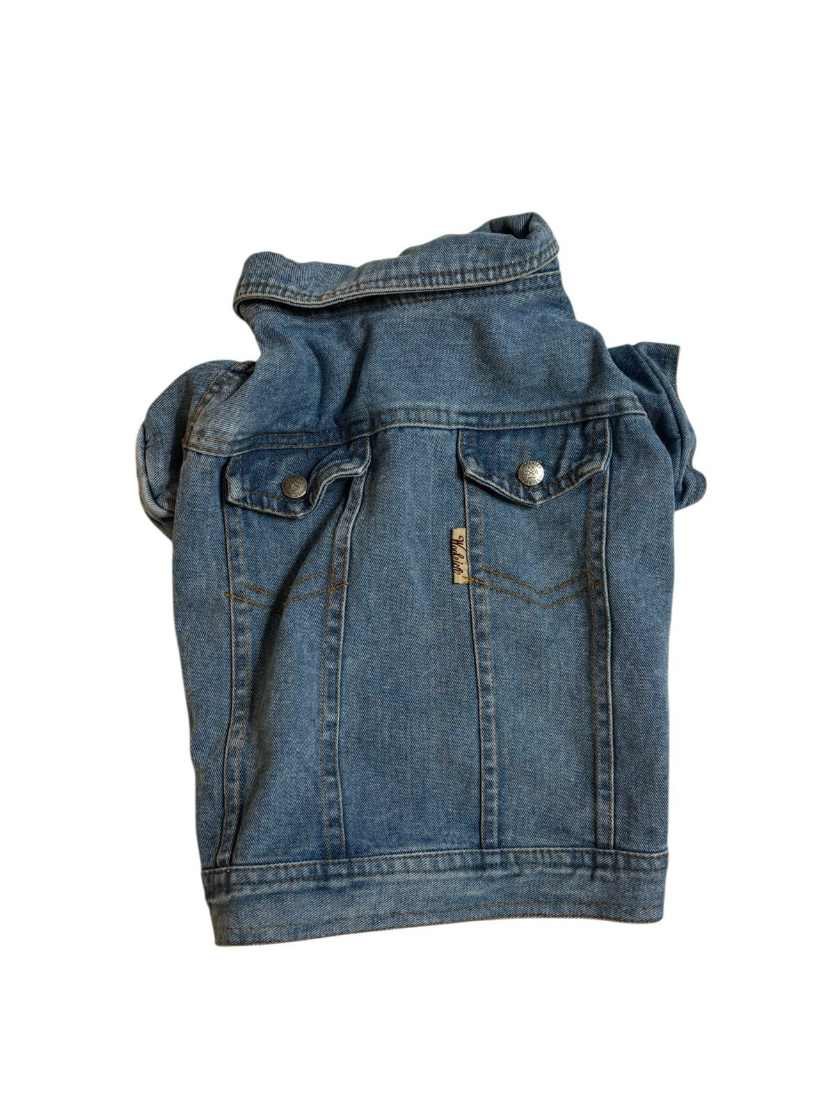 Woolrich Denim Coat Dogs Medium Blue Jean Light Wash Snap Collared Short Sleeve