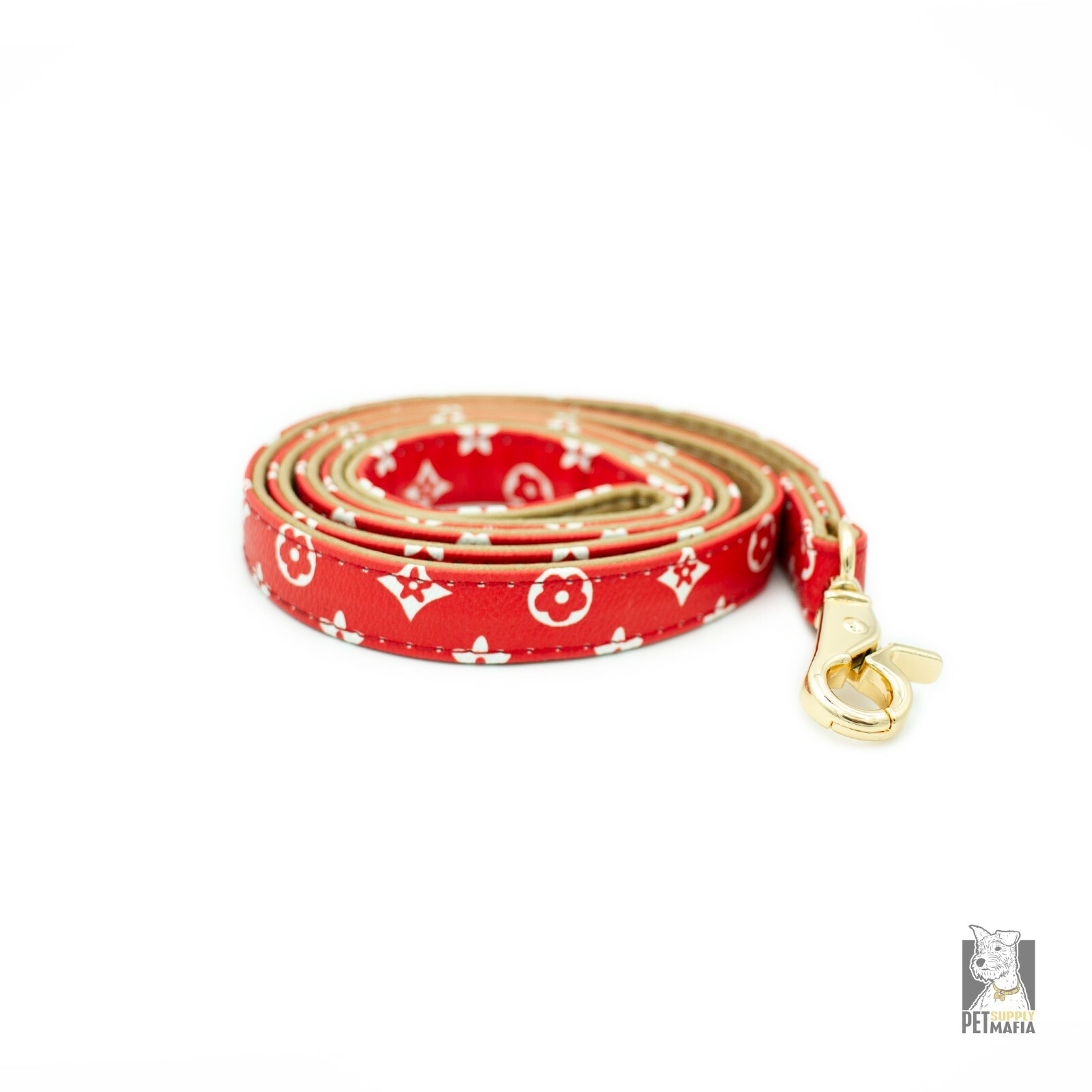 Red Collar + Leash kit -PU Leather Designer monogram Dog Collar Gold hardware