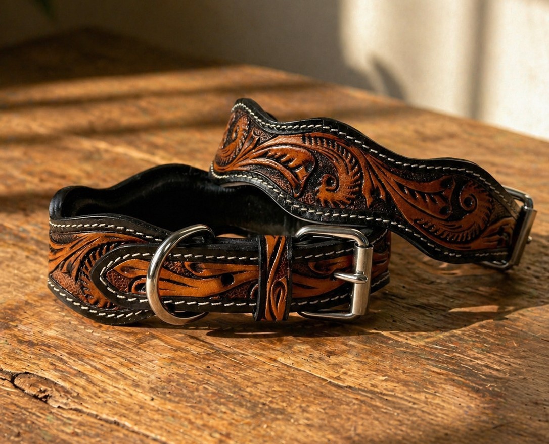 Western Leather Handmade Pet Dog Collar Heavy Duty Hand Tooled Adjustable