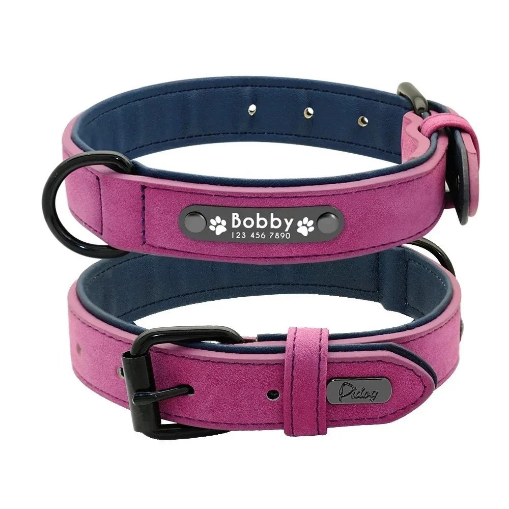 Soft Leather Personalised Dog Collar Custom ID Name for Small Medium Large Dogs