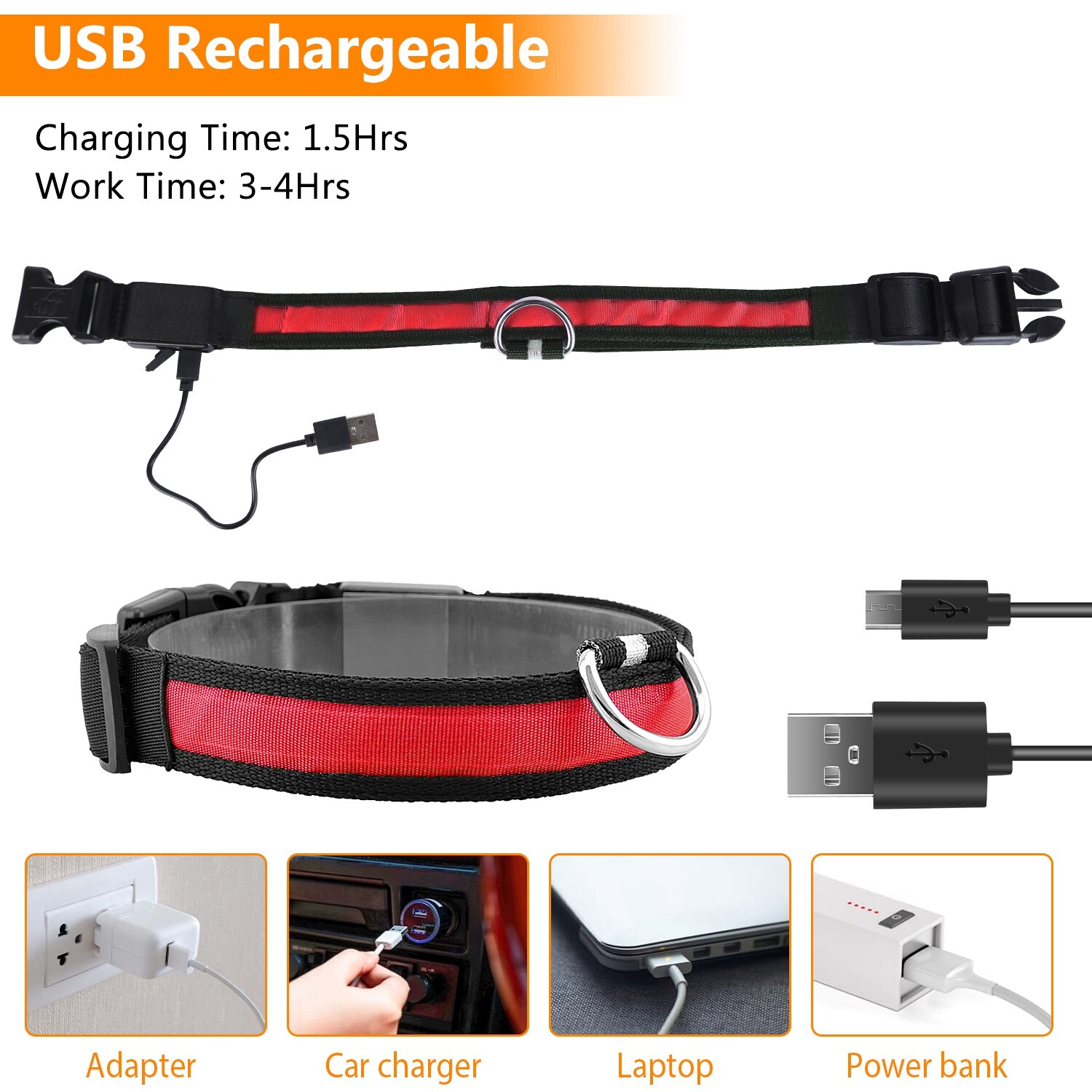 Rechargeable USB LED Pet Dog Glow Collar night safety adjustable flash light-up