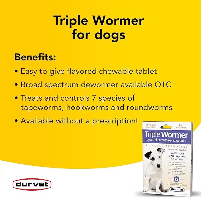 DURVET 12 flavored – chewables Triple Wormer Tablets for Small Dogs & Puppies