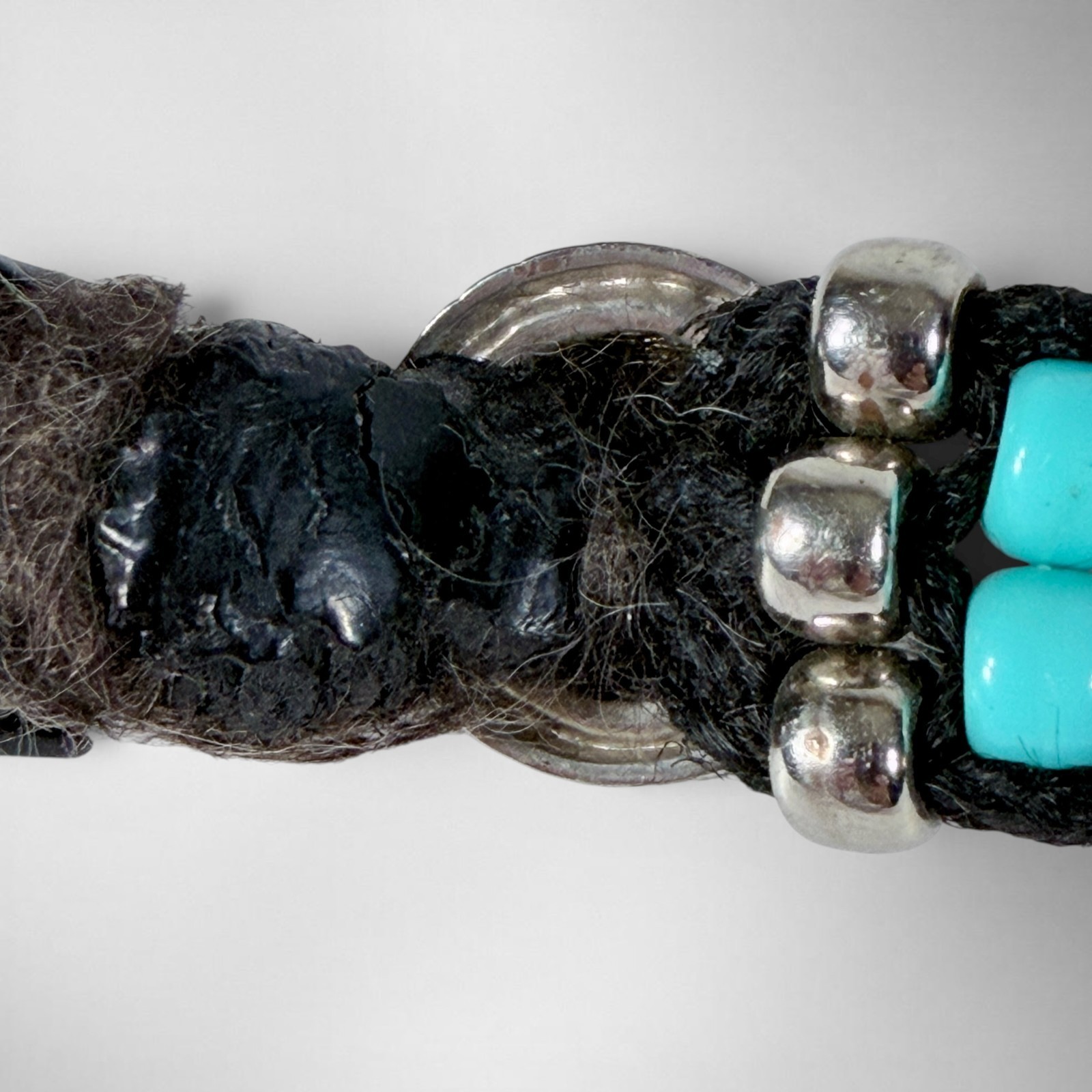 Handmade Western Horsehair Dog Collar Silver Engraved Tube Beads Turquoise 17