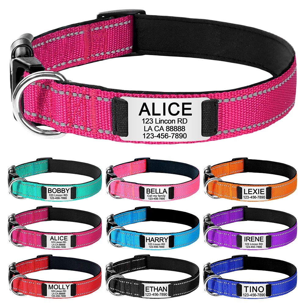 Reflective Nylon Dog Collar Custom Name, Personalized Pet ID Tag Adjustable XS-L