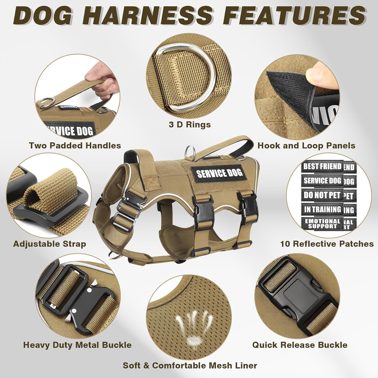 Service Dog Vest and Leash Set,Heavy Duty Tactical Dog Harness with Metal Buckle