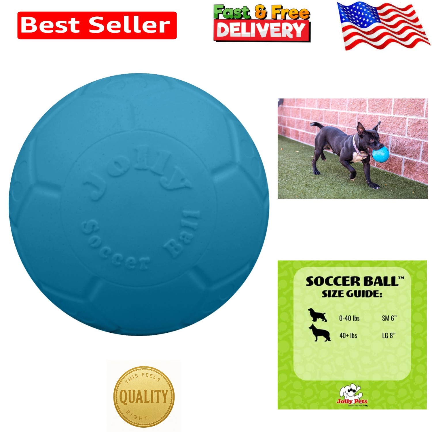 Jolly Pets Large Soccer Ball Dog Toy – 8″ Floating & Bouncing, Ocean Blue