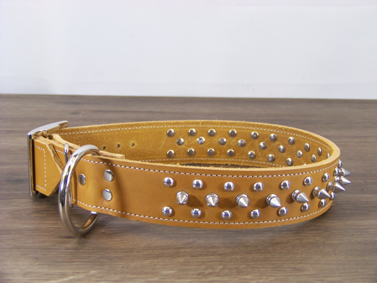 1 – 1/2″ Wide Top Quality Leather Dog Collar W/ Spikes & Domes Made In USA
