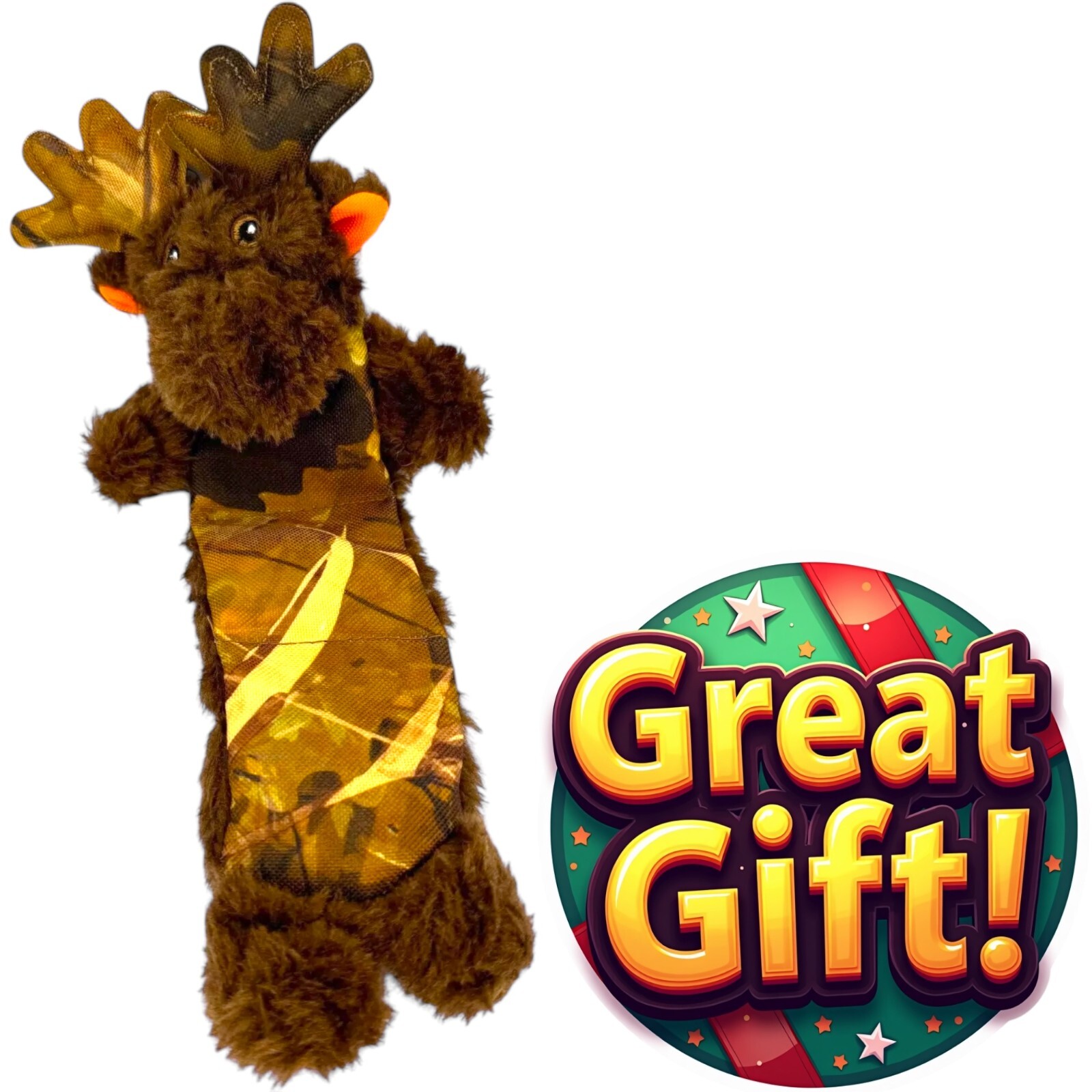 Vibrant Life Tough Buddy Camo Moose Brown Tug Chew Toy Level 3 Squeak Small Dog