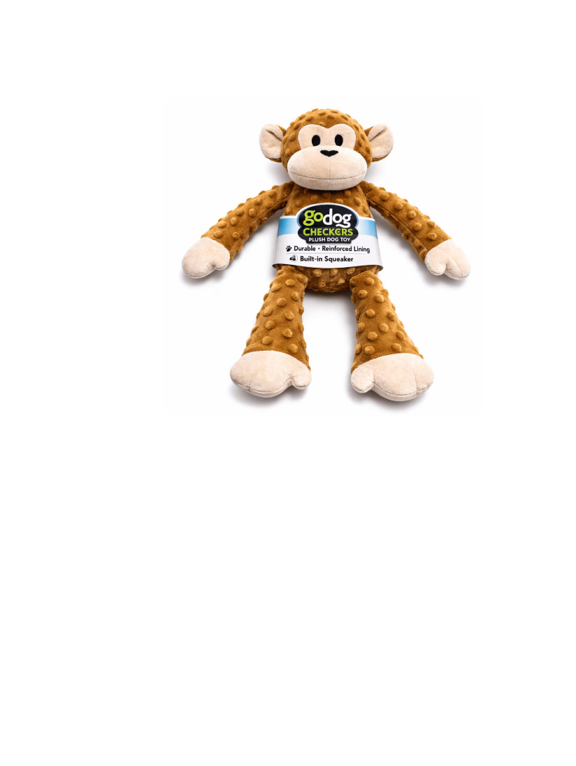 goDog Checkers Plush Monkey Dog Toy with Squeaker – Brown – Durable Soft Chew To