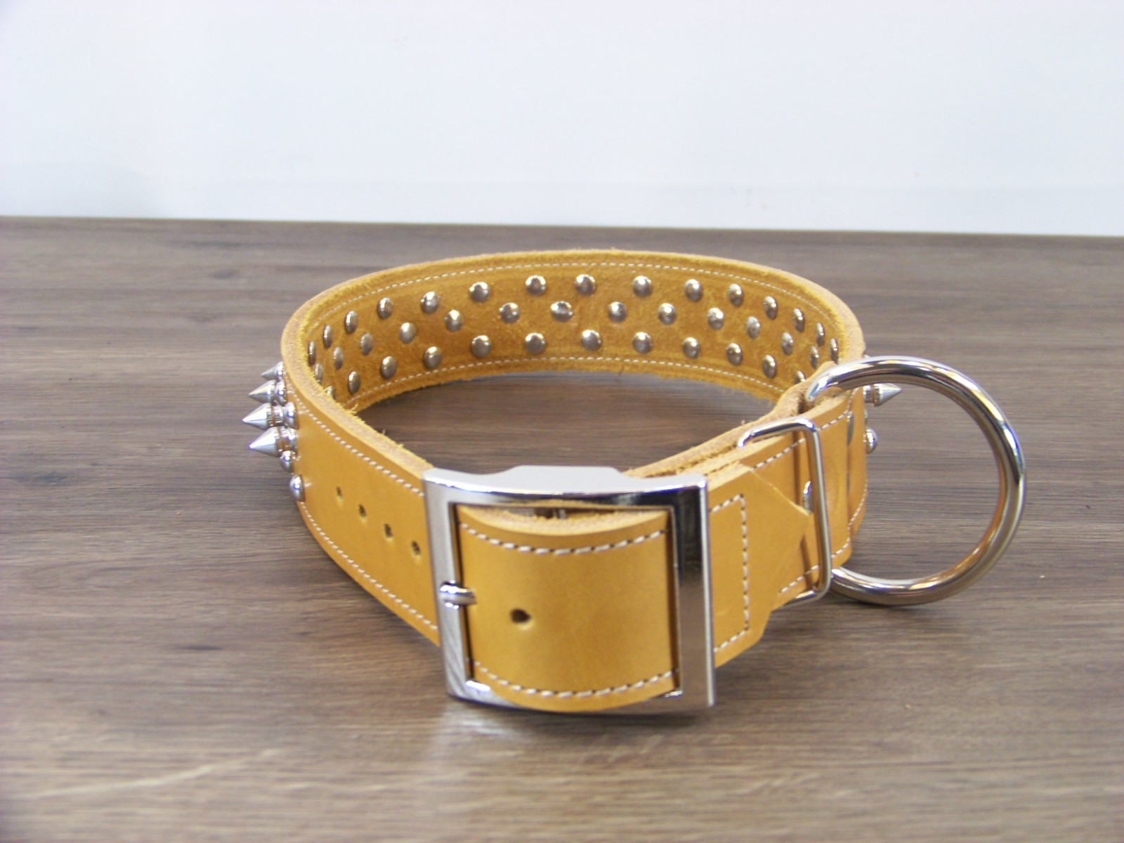 1 – 1/2″ Wide Top Quality Leather Dog Collar W/ Spikes & Domes Made In USA