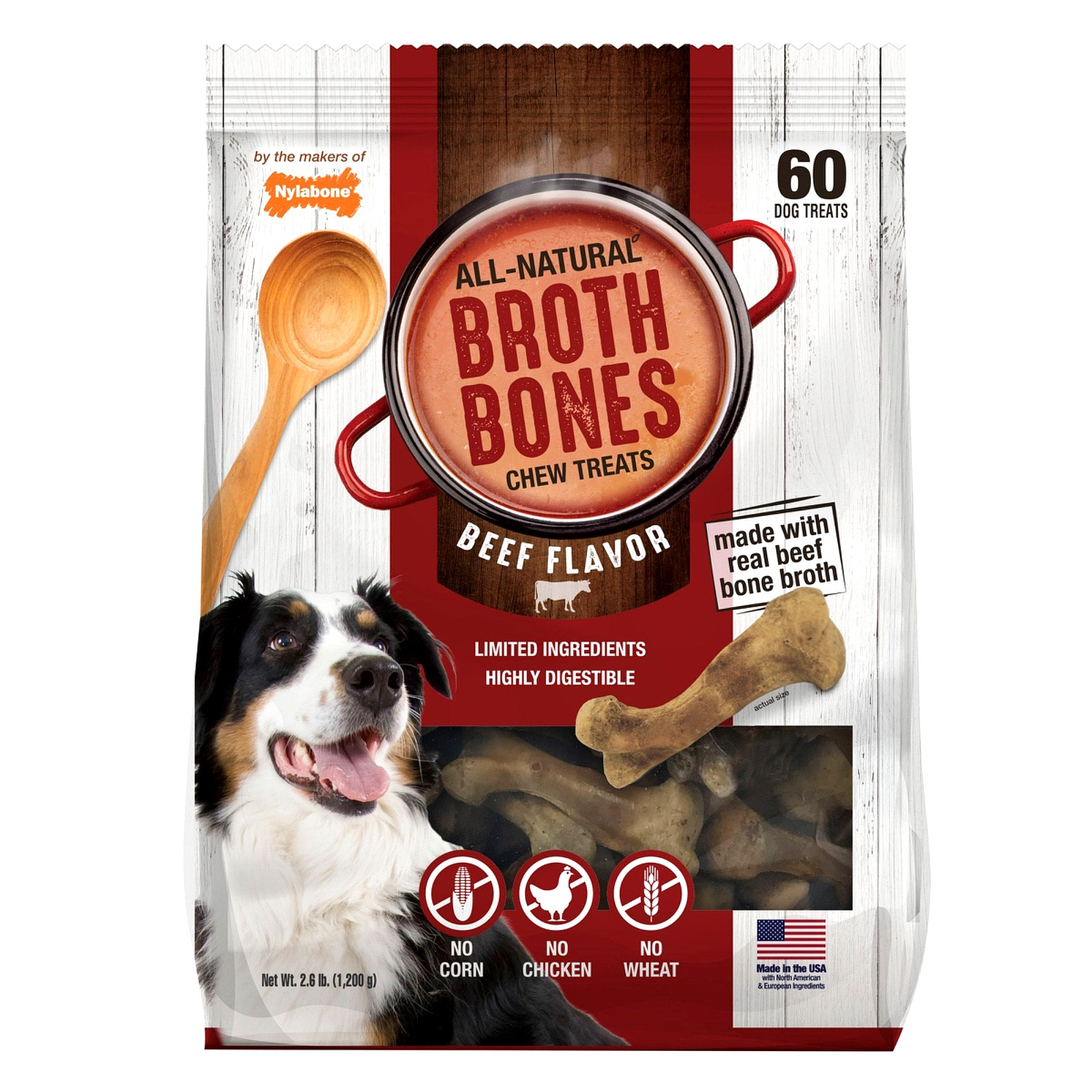 NYLABONE ALL NATURAL BROTH BONES CHEW TREATS, REAL BEEF FLAVOR 60 DOG TREATS