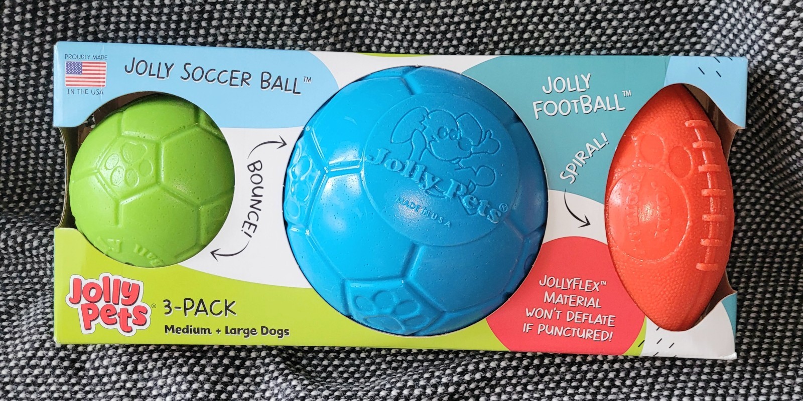 Jolly Pets Soccer Ball 8″ 6″ & Football 3pk, Floating Bouncing Dog Toys, NO BOX