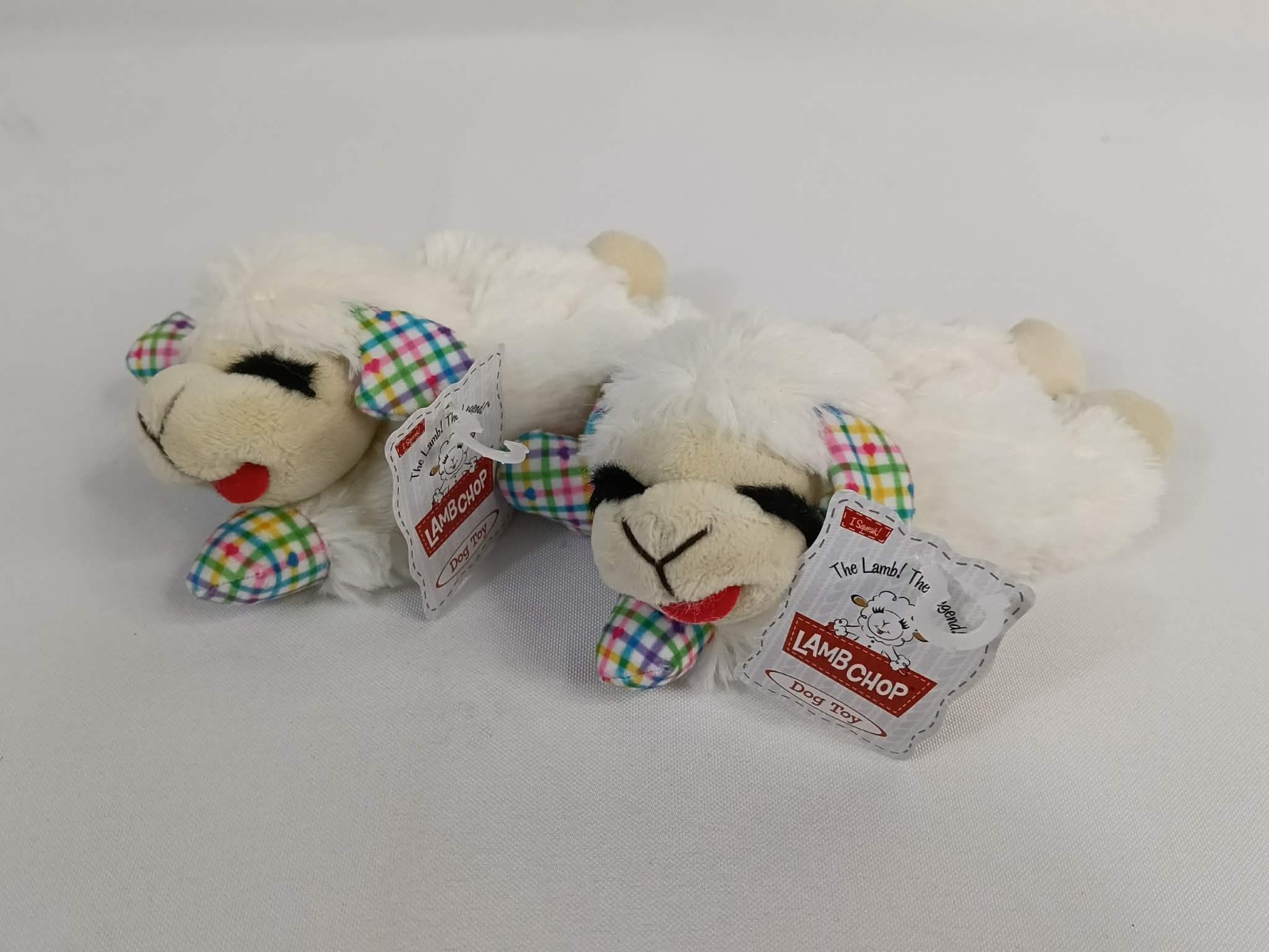 2-Pack Lamb Chop Plush Dog Toy 6″ Plaid Checked Rainbow Small Squeaky Flannel