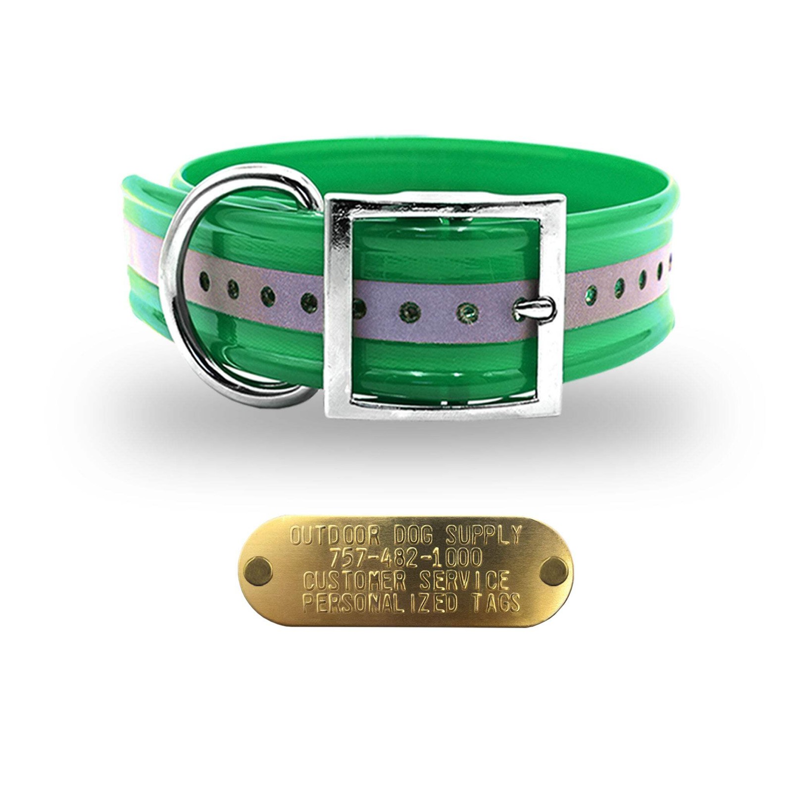 1 1/2″ Reflective Premium Glow Tuff D Ring Large Dog Collar with 1″ Brass Name P