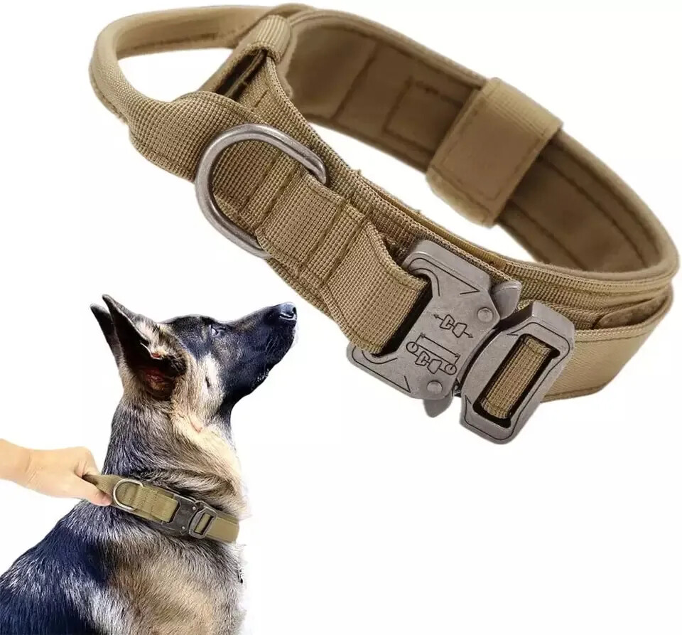 Tactical Dog Collar Large Military Training Heavy Duty Metal Buckle Khaki 2″Wide