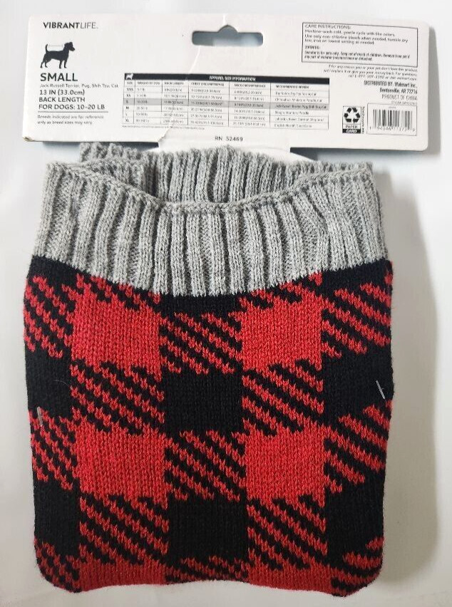 Vibrant Life Dog Pet Clothes Buffalo Plaid Red Black Winter Apparel Sweater Sz S