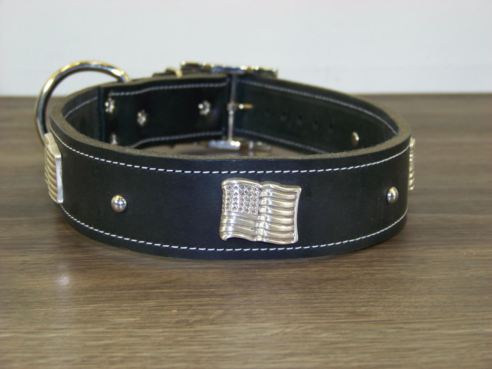 1 – 1/2″ Wide Top Quality Leather Dog Collar W/ American Flag Conchos Made USA