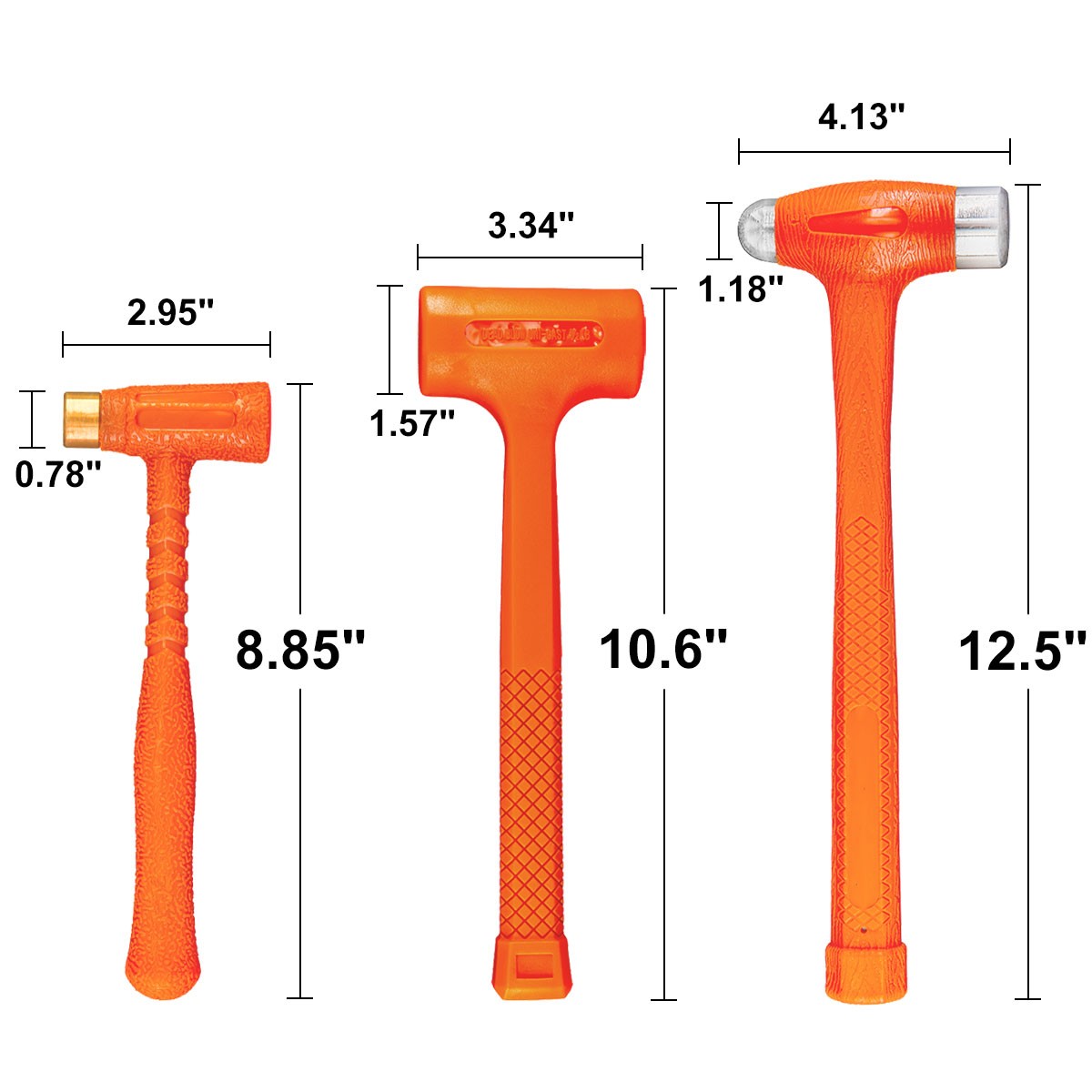 3-Pieces Dead Blow Hammer Set with Brass Cap, Ball-Peen, Blow Hammer Set, Orange