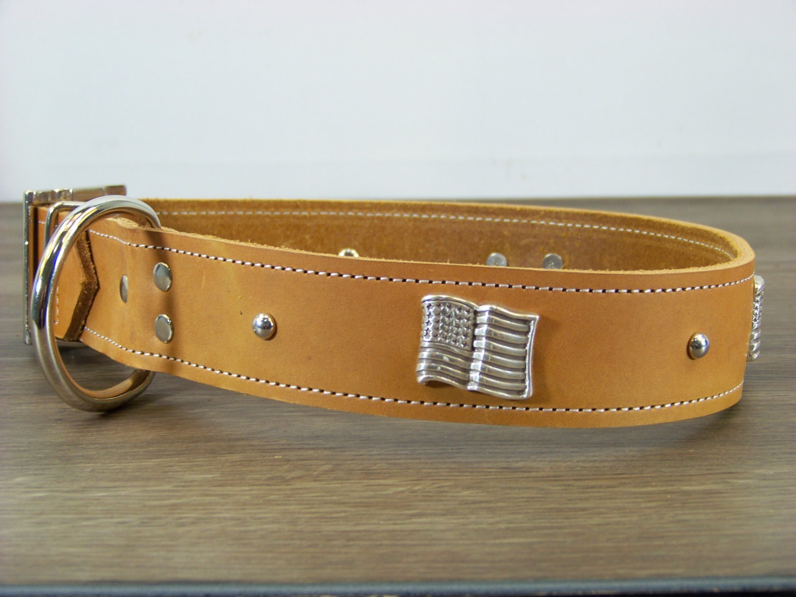 1 – 1/2″ Wide Top Quality Leather Dog Collar W/ American Flag Conchos Made USA