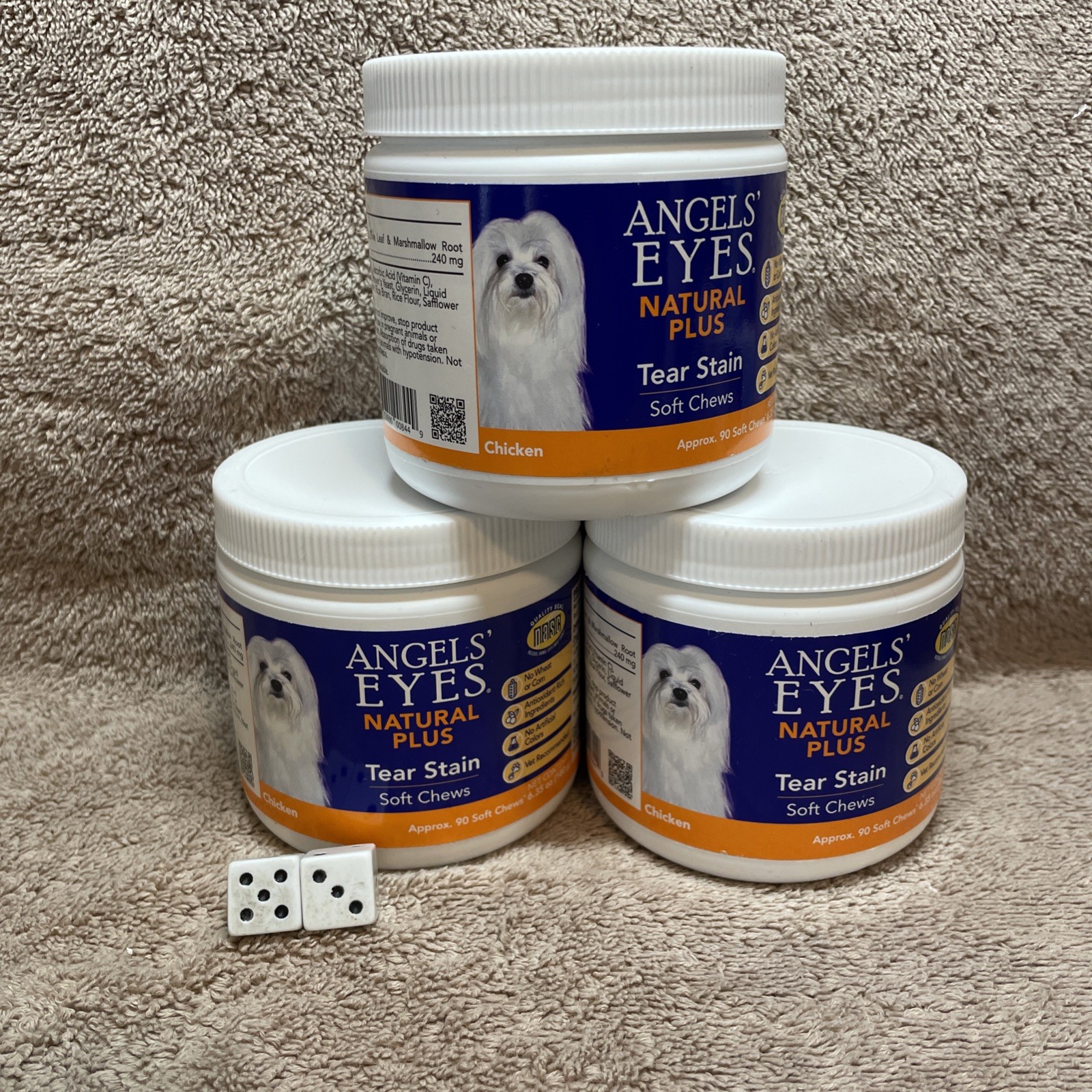 Lot Of 3 / Tear Stain Chicken Flavored Natural Soft Chews for Dogs, 90ct Each