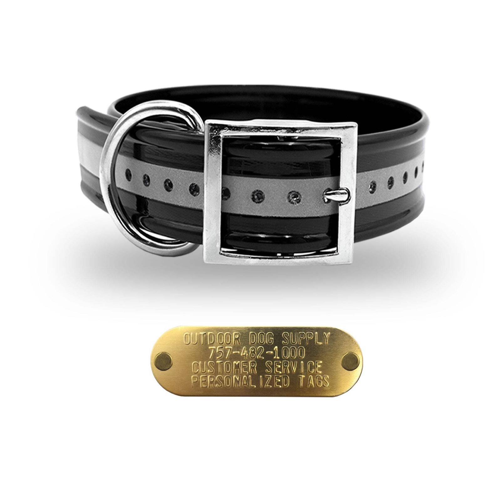 1 1/2″ Reflective Premium Glow Tuff D Ring Large Dog Collar with 1″ Brass Name P