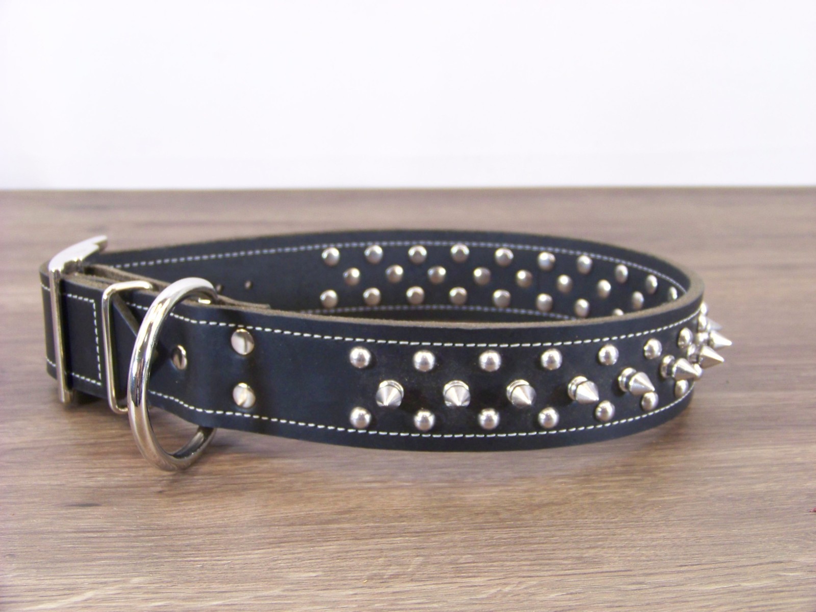 1 – 1/2″ Wide Top Quality Leather Dog Collar W/ Spikes & Domes Made In USA