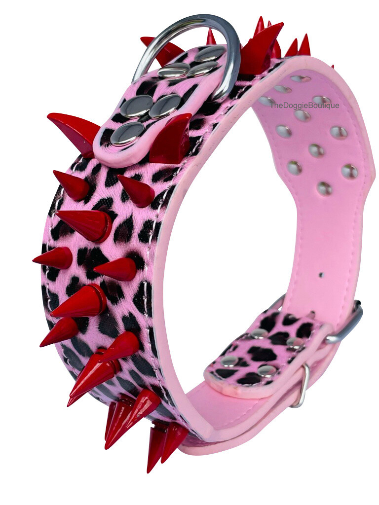 Dog Collar Sharp Red Spikes Spike Adjustable Rivet PU Leather 2″ wide S M L XL
